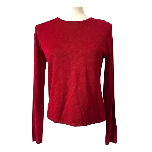 August Silk 100% Silk Red Knit Top Long Sleeve S Lightweight Capsule Minimalist - Picture 6 of 9